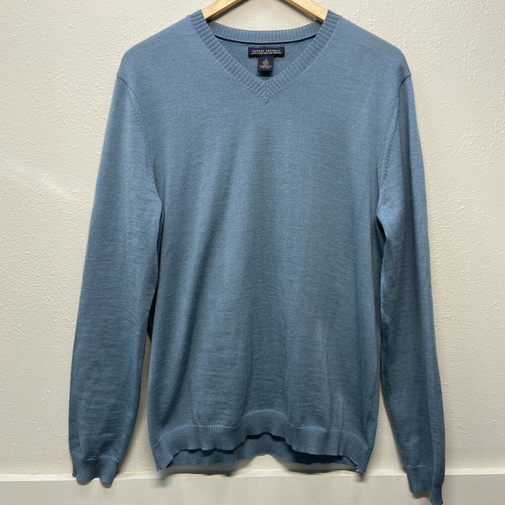 Banana Republic Extra Fine Italian Merino Wool Pullover Blue V-Neck Sweater Sz M